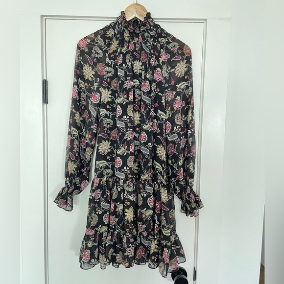 CINQ A SEPT | Black Floral Ruffle Smocked Dress, Size 4, Excellent Condition - Picture 4 of 9